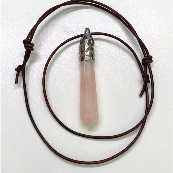 Handmade Rose Quartz Obelisk Pendant Leather Slider Necklace - Picture 2 of 4